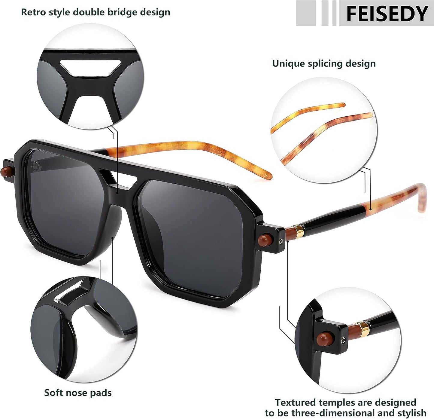 商品图片 72 | B09YTJ4FQZ | FEISEDY Vintage Square 70s Flat Aviator Sunglasses Women Men Classic Retro Stylish Frame UV400 Sunglasses B2622