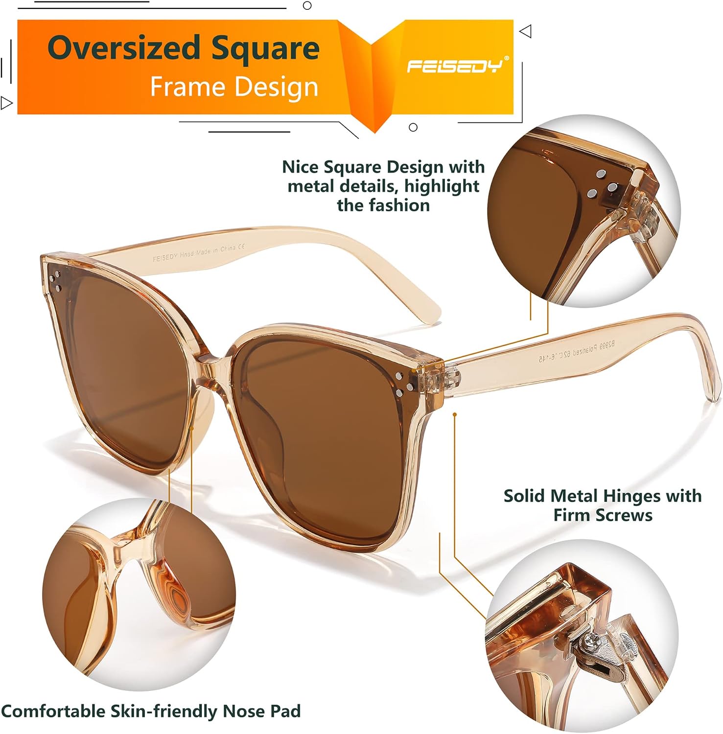 商品图片 99 | B0871BKMTN | FEISEDY Oversized Polarized Sunglasses - UV400 Protection, Square Fashion Sun Glasses for Outdoor & Daily B2600