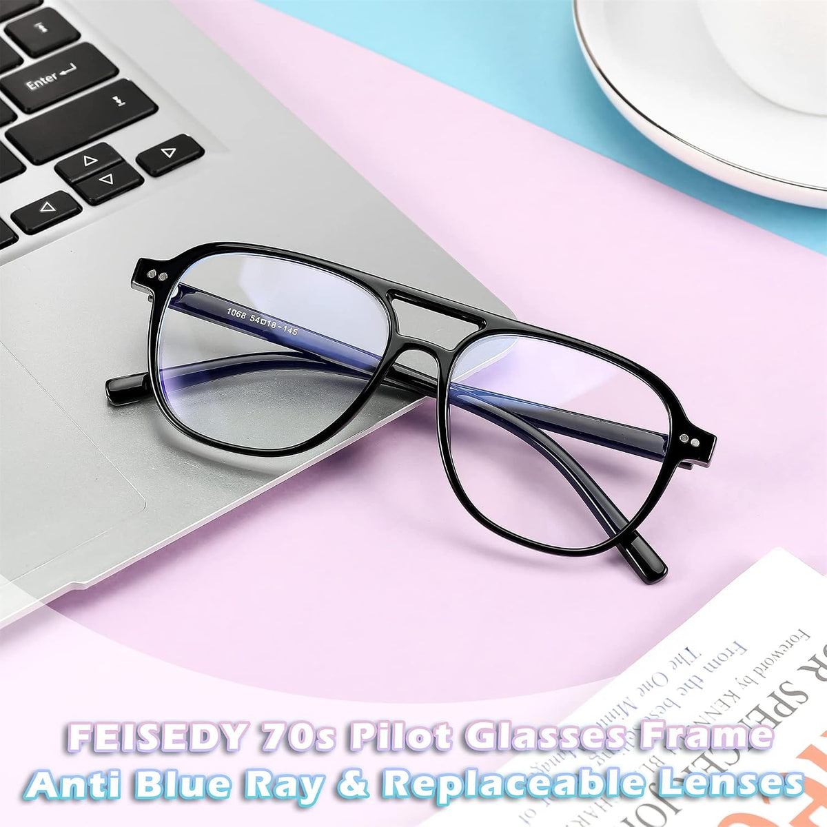 商品图片 5 | B0BYCYNXHJ | FEISEDY Lightweight Pilot Glasses Frame Blue Light Blocking Glasses Women Men Oversized Square Computer Glasses B2387