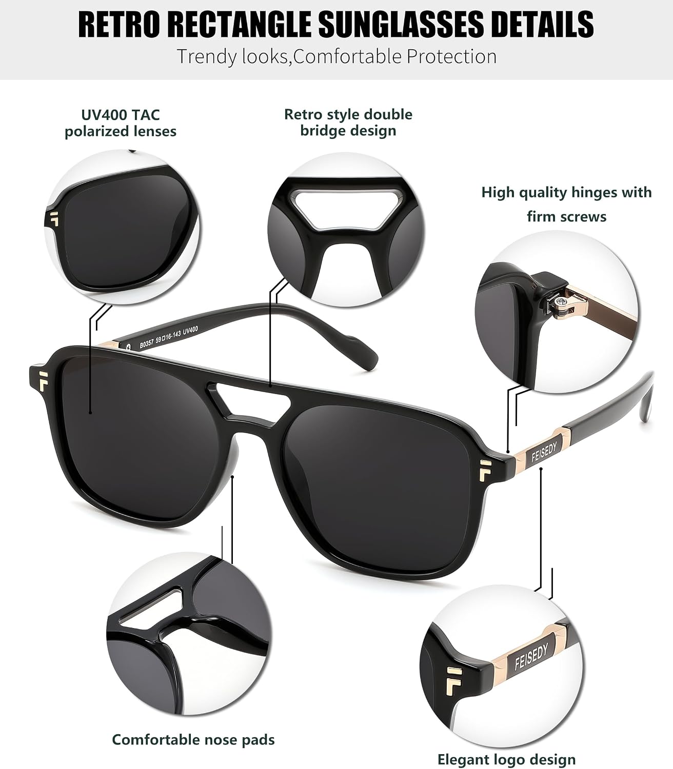商品图片 12 | B0H2V9BFS5 | FEISEDY Retro Polarized Aviator Square Sunglasses for Women Men UV400 B0357
