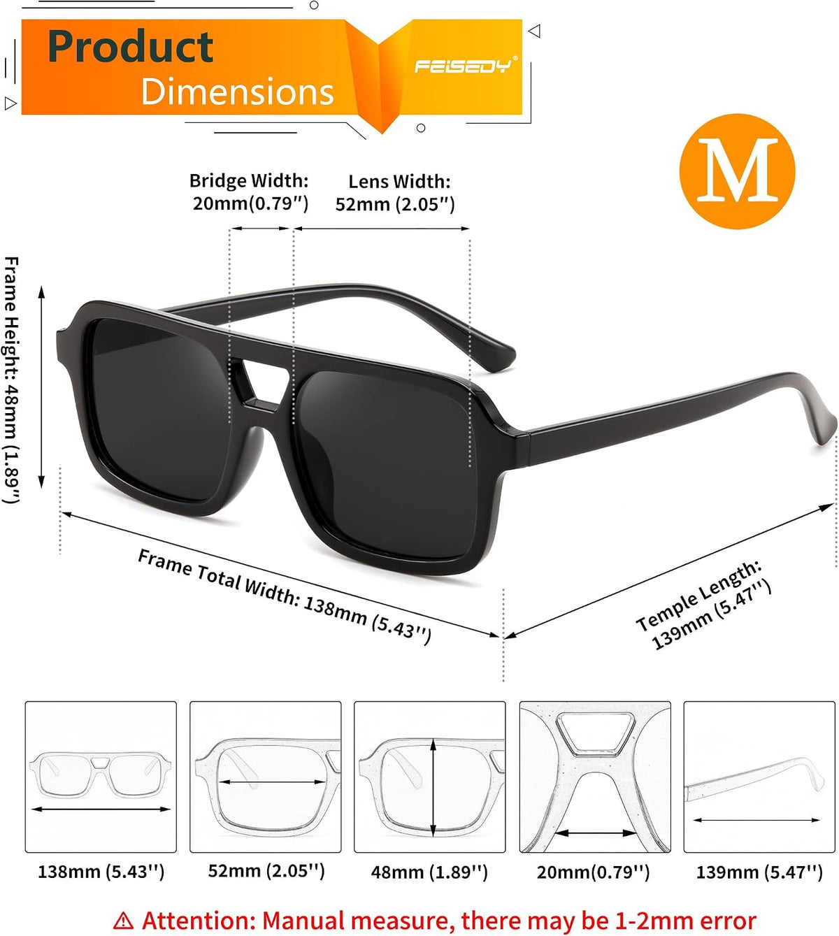 商品图片 5 | B0D446PBGN | FEISEDY Retro 70s Aviator Sunglasses for Women Men Trendy Flat Square Frame UV400 Sunglasses B0174