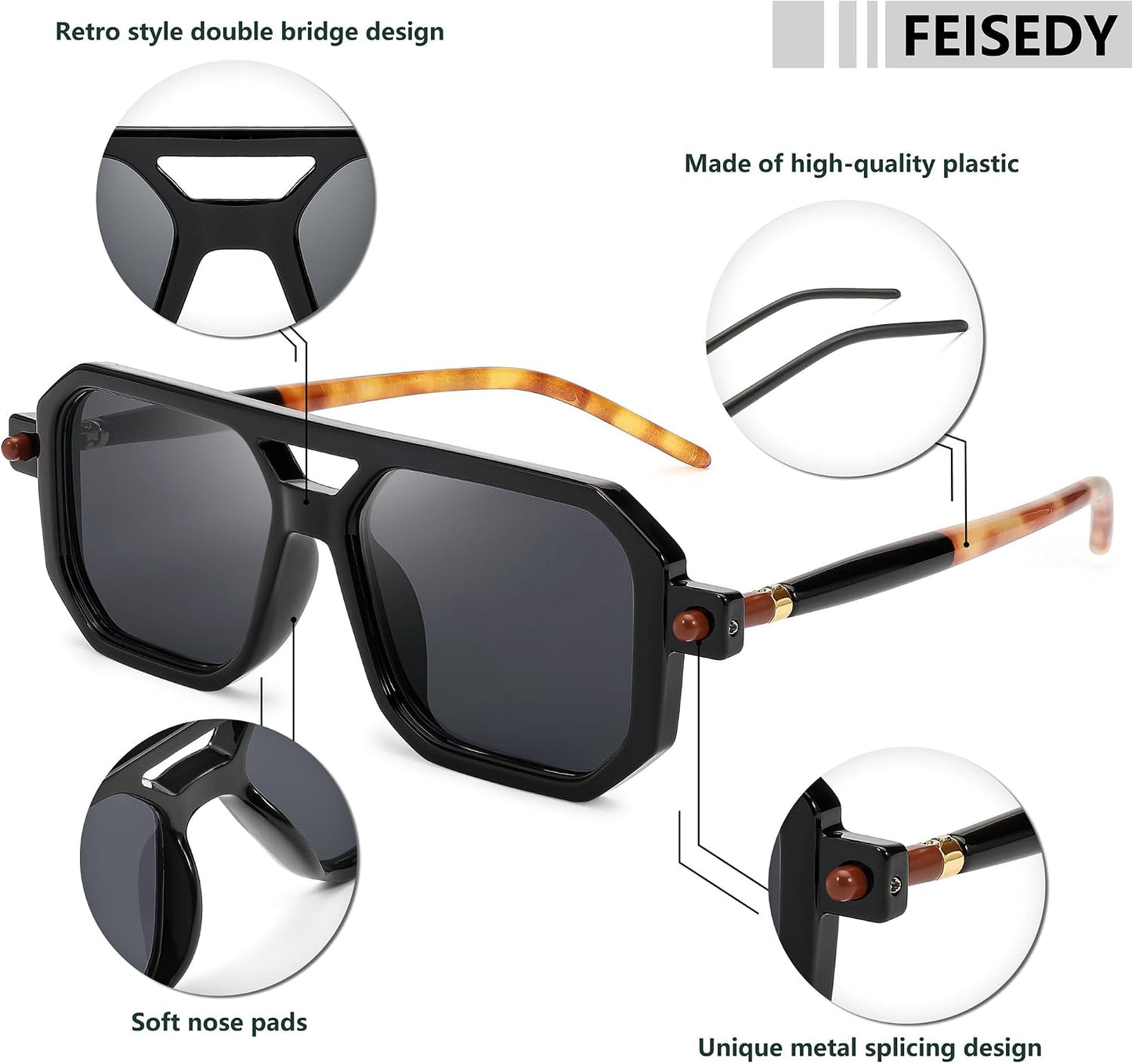 商品图片 83 | B09YTJ4FQZ | FEISEDY Vintage Square 70s Flat Aviator Sunglasses Women Men Classic Retro Stylish Frame UV400 Sunglasses B2622