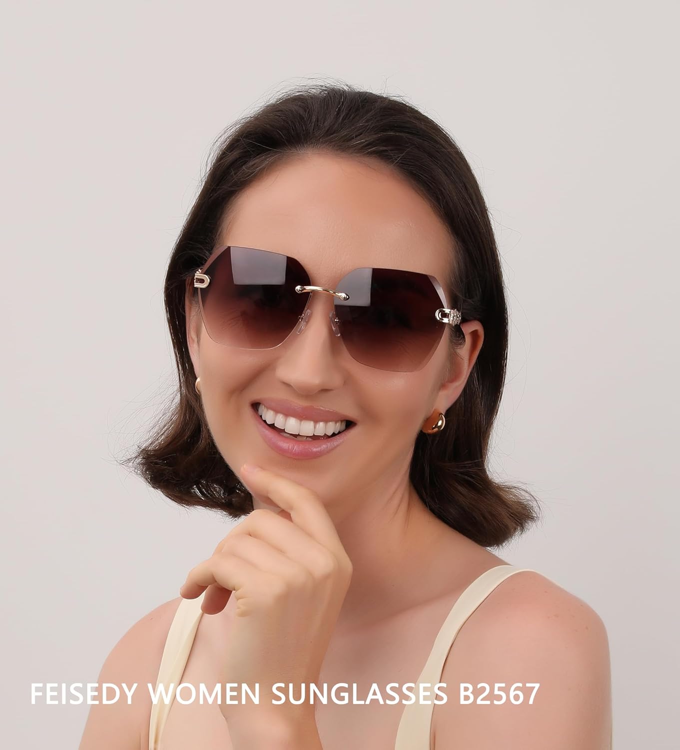 商品图片 2 | B083VRLS2Q | FEISEDY Classic Rimless Sunglasses Women Metal Frame Diamond Cutting Lens Sun Glasses B2567