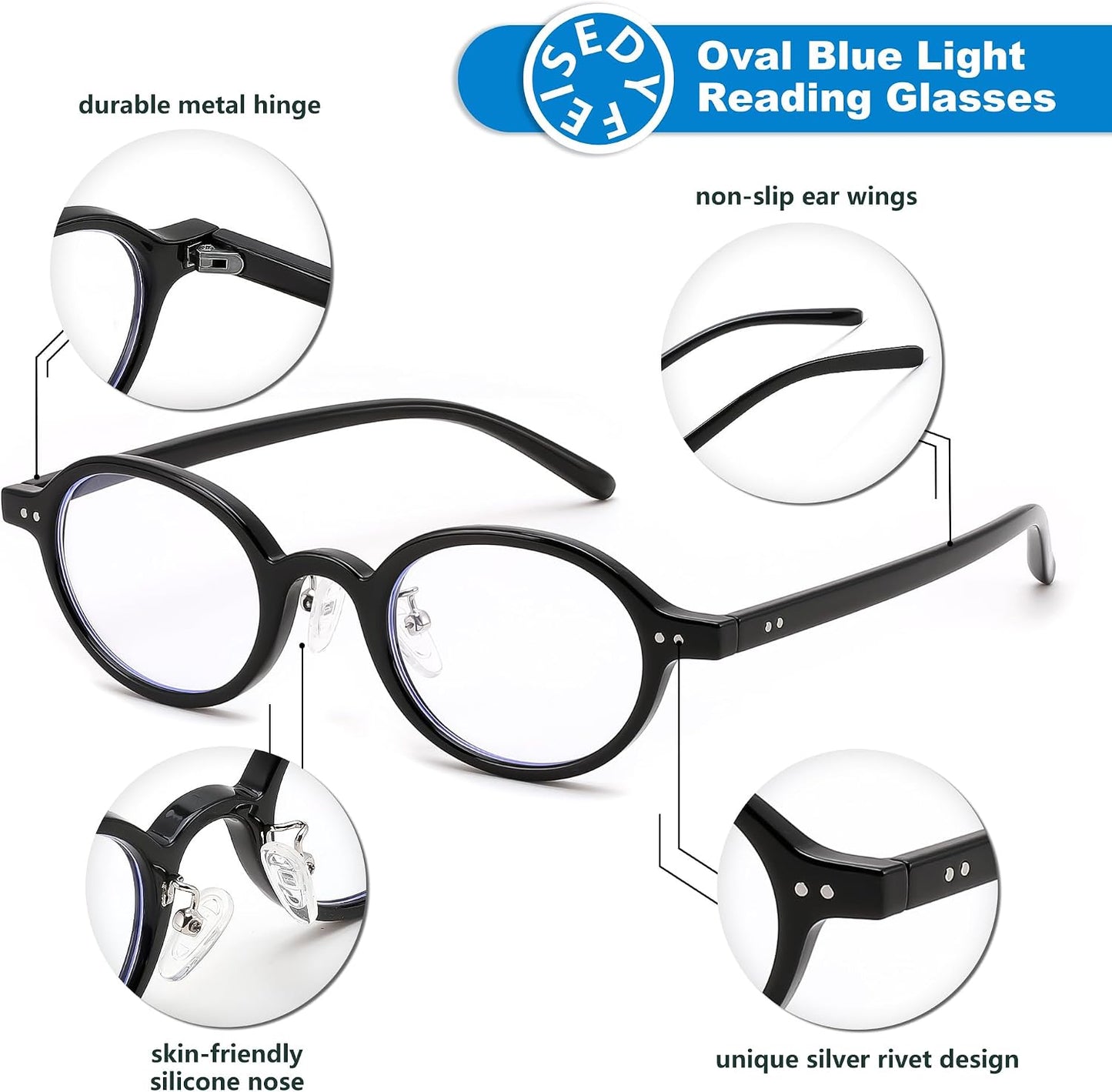 商品图片 5 | B0GZPJSP52 | FEISEDY Retro Small Oval Reading Glasses for Men Women Blue Light Blocking Computer Readers B1663