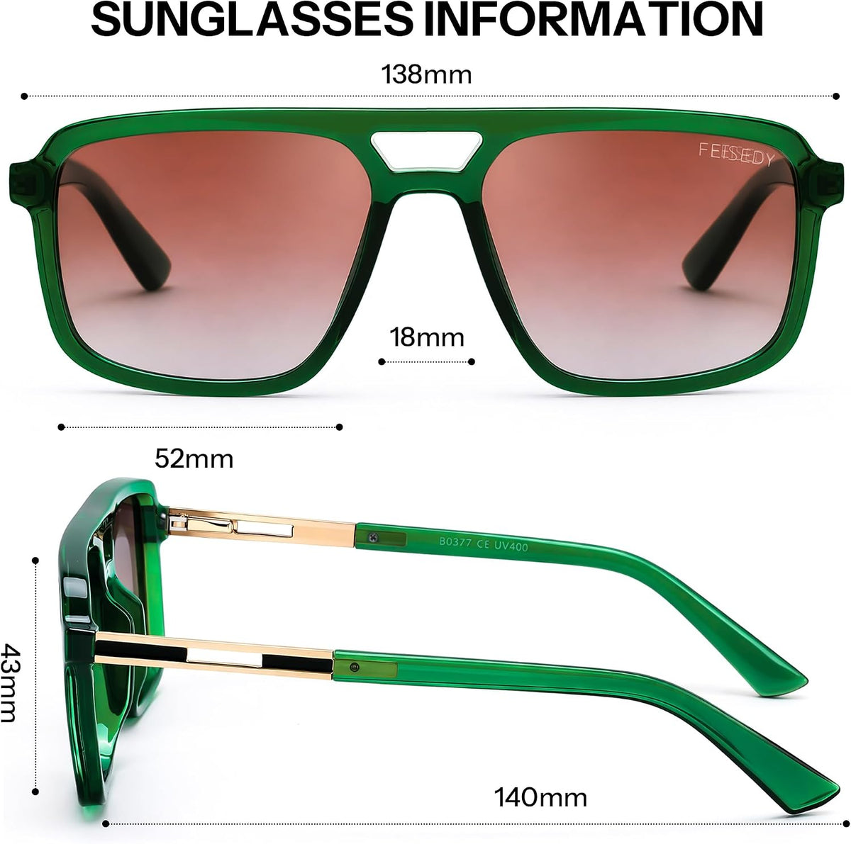 ÉÌƷͼƬ 12 | B0GLNFSYQ5 | FEISEDY Retro Aviator Polarized Square Sunglasses for Men Women B0377