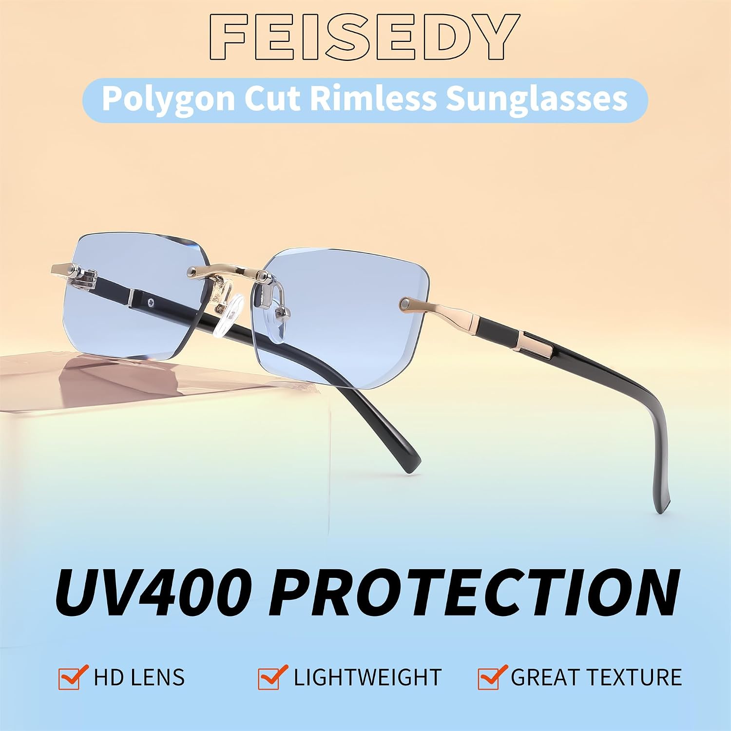 商品图片 66 | B0CY2Q4VW1 | FEISEDY Rimless Sunglasses Y2K Retro Small Narrow Rectangle Shades B2643