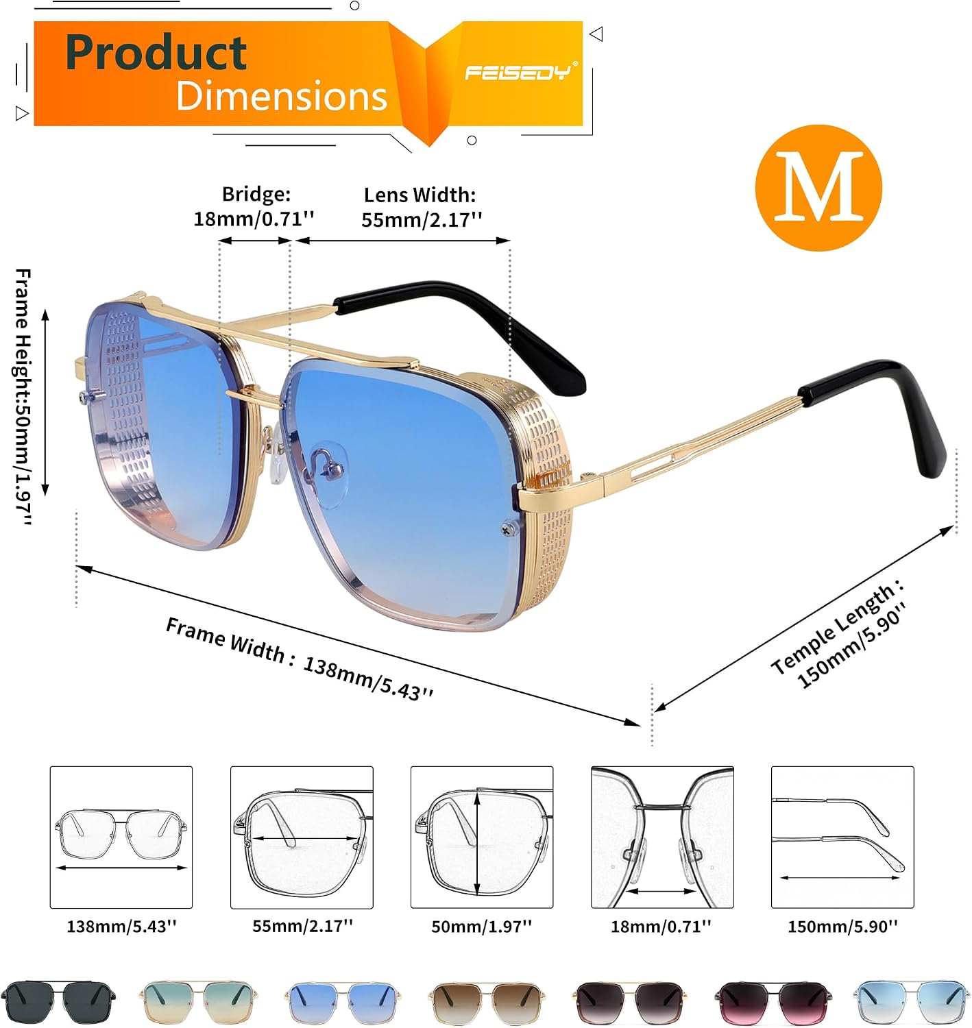 商品图片 39 | B09SDC5BD5 | FEISEDY Sunglasses Mens Women Vintage Pilot Square Trendy Metal Steampunk Fishing Driving Sun Glasses B2894