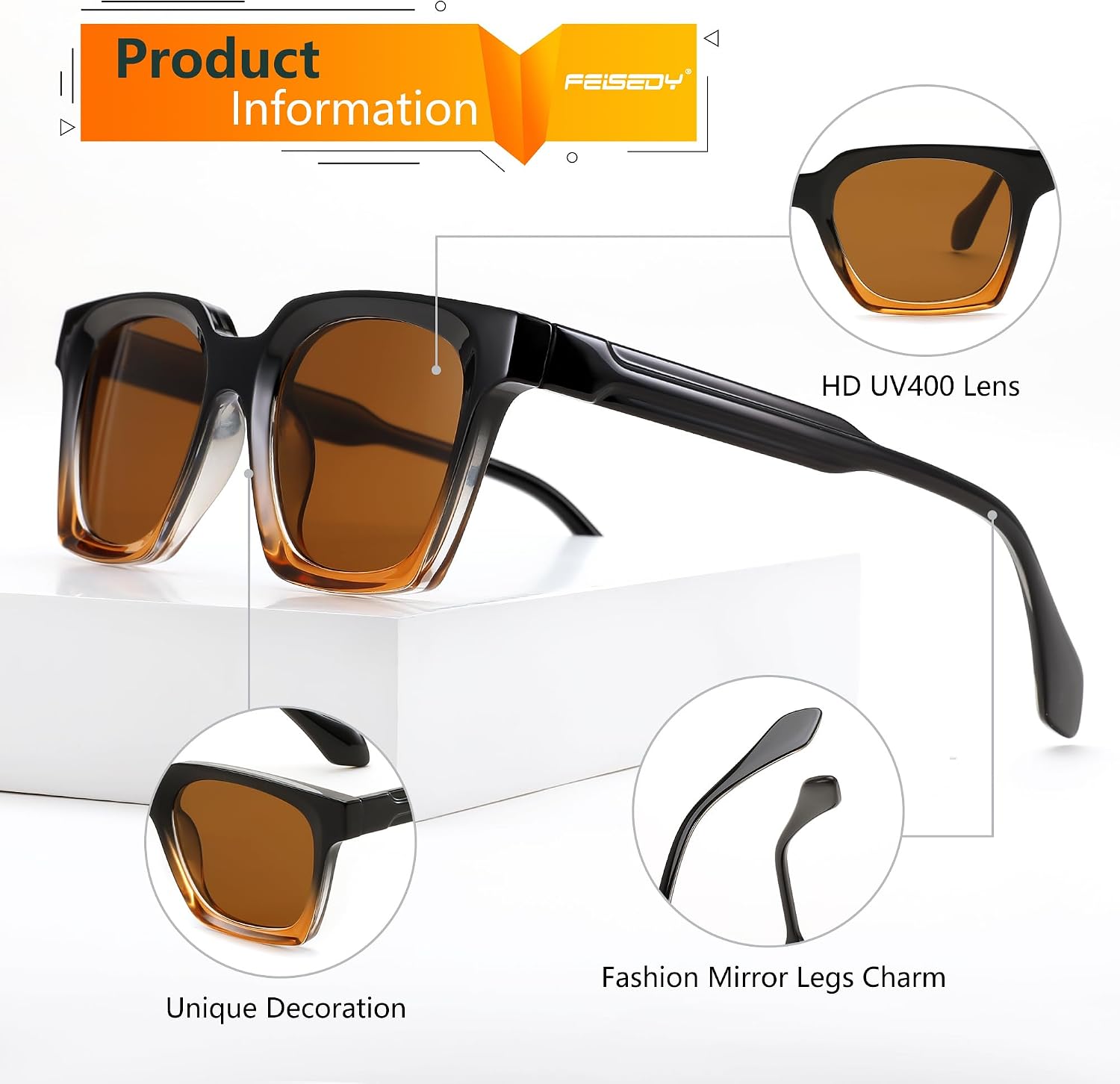 商品图片 18 | B0D7CC769X | FEISEDY Retro Square Sunglasses Women Men Trendy Rectangle Thick Frame Shades Classic Designer Sun Glasses B0198