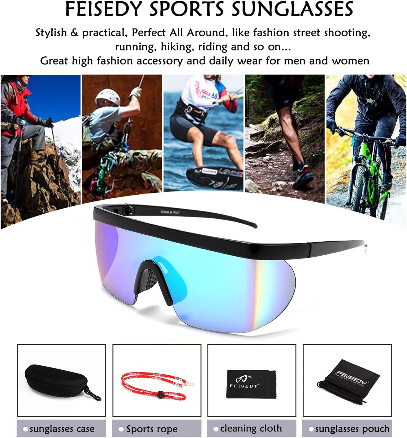 商品图片 15 | B096SD9GGG | FEISEDY Oversized Mirror Shield Sport 80s Sunglasses Ski Goggles Flat Top One Piece Futuristic Visor Women Men B2522