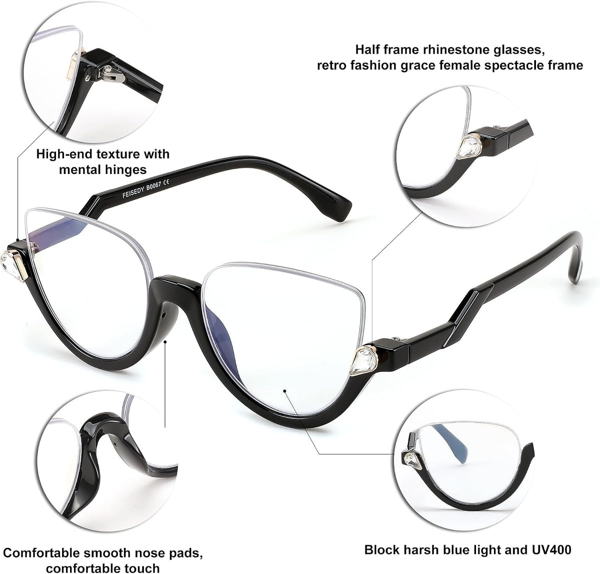 ÉÌƷͼƬ 3 | B0CJFLY9C9 | FEISEDY Reading Glasses for Women Fashion Half Frame Cat Eye Glasses Anti Glare Eyeglasses B0067
