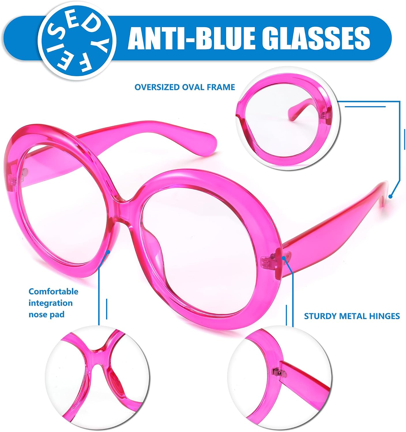 商品图片 17 | B0CQ26NQZS | FEISEDY Oversized Blue Light Blocking Glasses Women Men Retro Big Round Frame Eyewear Clear Lens Computer Glasses B2997