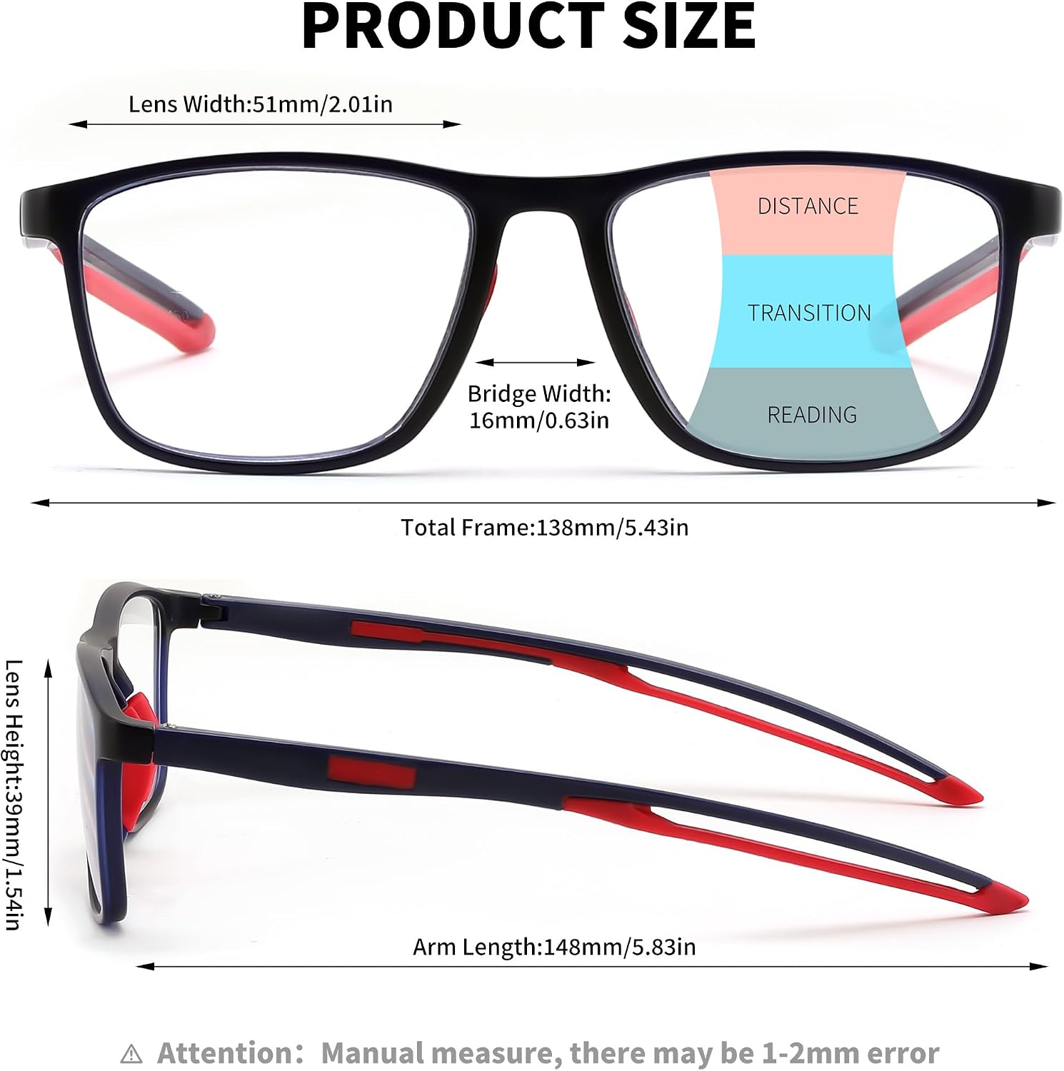 商品图片 10 | B0GLF6C715 | FEISEDY Progressive Multifocal Reading Glasses Blue Light Blocking B0397 | Sports Square Frame Near-Far Dual Use Blue Light Blocking Reading Glasses for Women Men