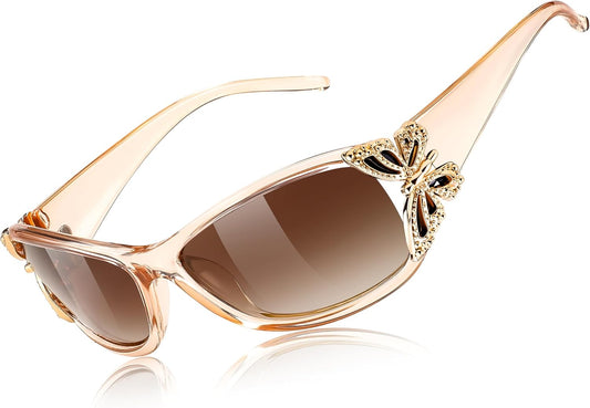 Champagne Frame & Gradual Tea Lens / 60 Millimeters | B0CNRQ7WVZ | FEISEDY Y2K Women Polarized Sunglasses Butterfly Wrap Around UV400 Shades
