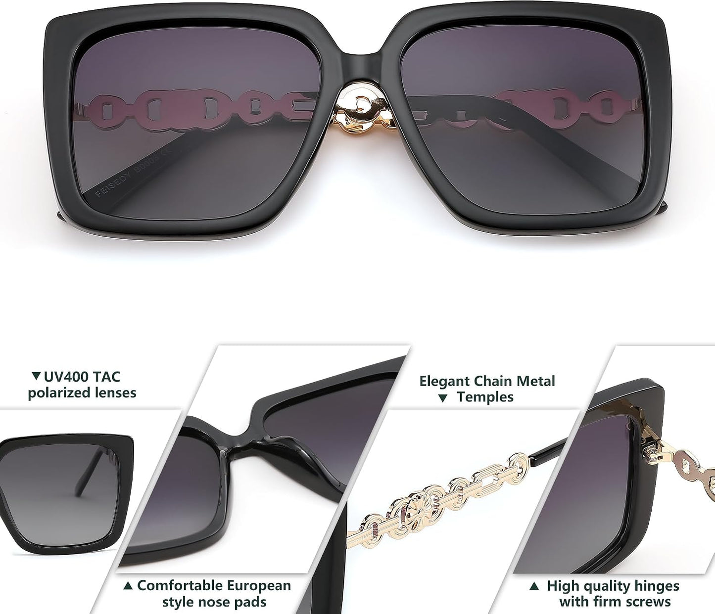 商品图片 12 | B08HVPGJW5 | FEISEDY Sunglasses Womens Trendy, Oversized Square Shades, Pearl Inlay Cat Eye Frame UV400 Protection B2625