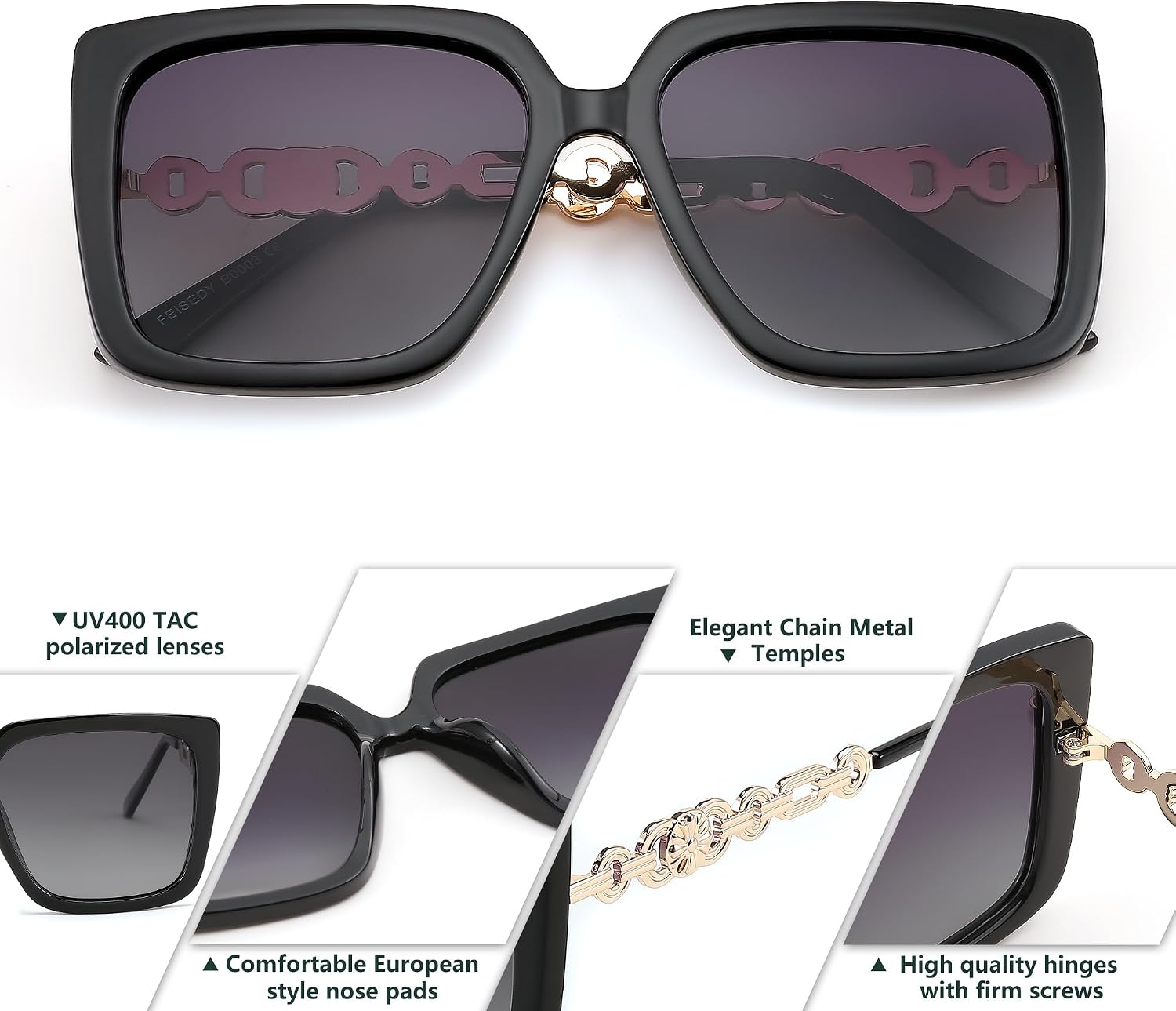 商品图片 12 | B08HVPGJW5 | FEISEDY Sunglasses Womens Trendy, Oversized Square Shades, Pearl Inlay Cat Eye Frame UV400 Protection B2625