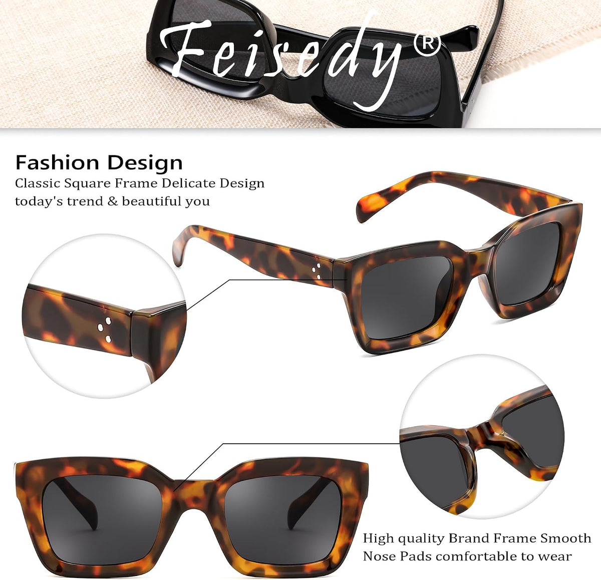 ÉÌƷͼƬ 6 | B07MNGNLNT | FEISEDY Classic Women Sunglasses Fashion Thick Square Sun Glasses B2471