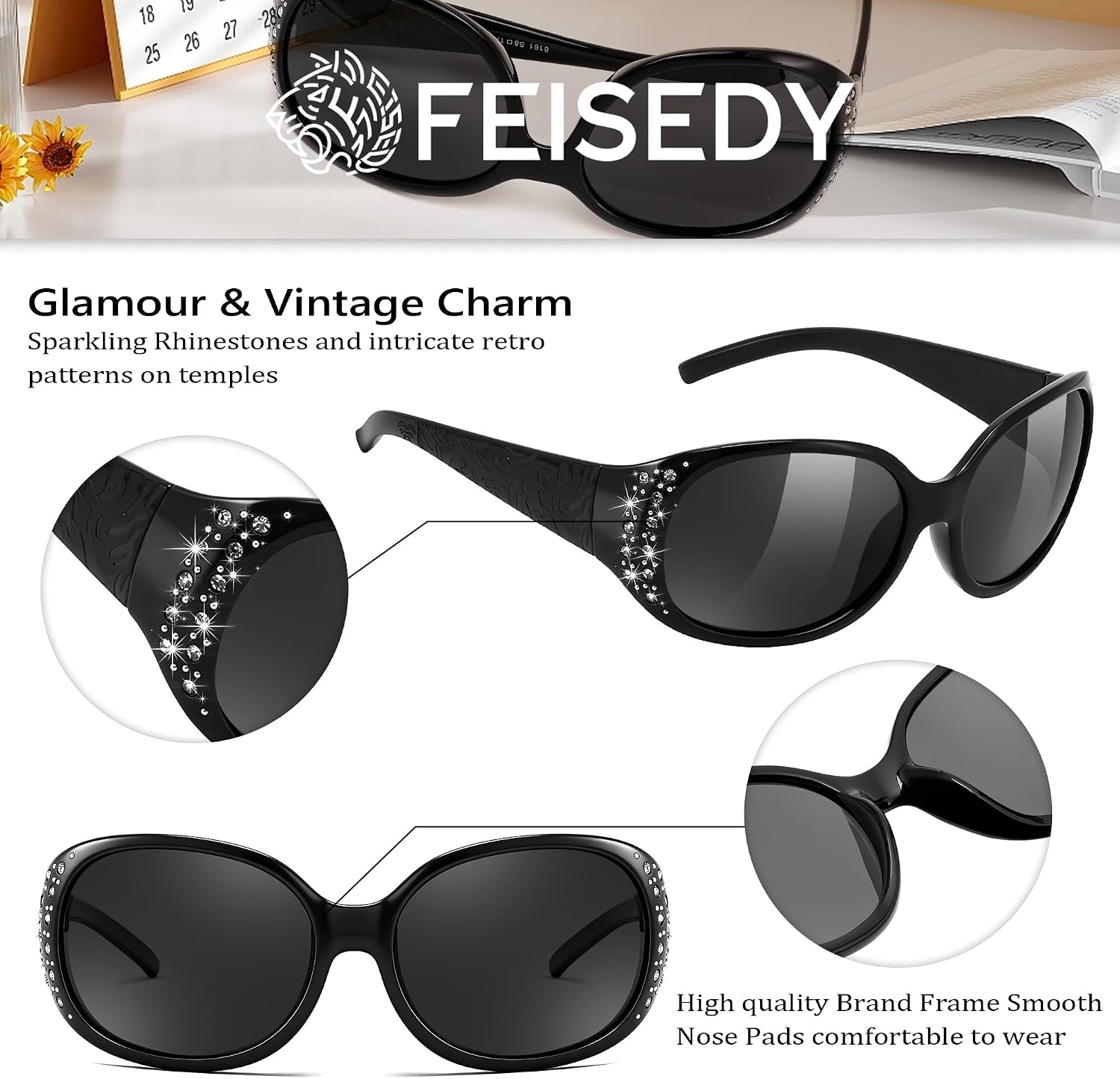 商品图片 3 | B0FZT6D16L | FEISEDY Women's Polarized Sunglasses Wrap Around Rhinestone Design Fashion Sunnies UV400 Protection B1091