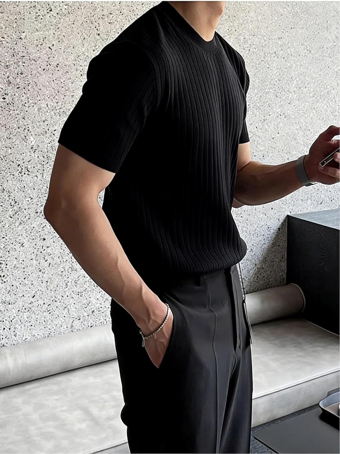 商品图片 3 | B0H4QF8D6F | Men's T-Shirts Short Sleeve Knit Shirt - Casual Crewneck Ribbed Tee Shirt Soft Breathable Fabric, Slim Fit for Daily Wear