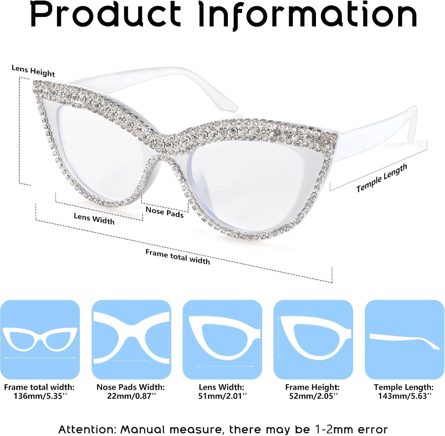 商品图片 43 | B0BLH5NHK8 | FEISEDY Diamond Blue Light Blocking Glasses Cat Eye Rhinestone Women Oversized Anti Eyestrain Computer Glasses Frame B2358