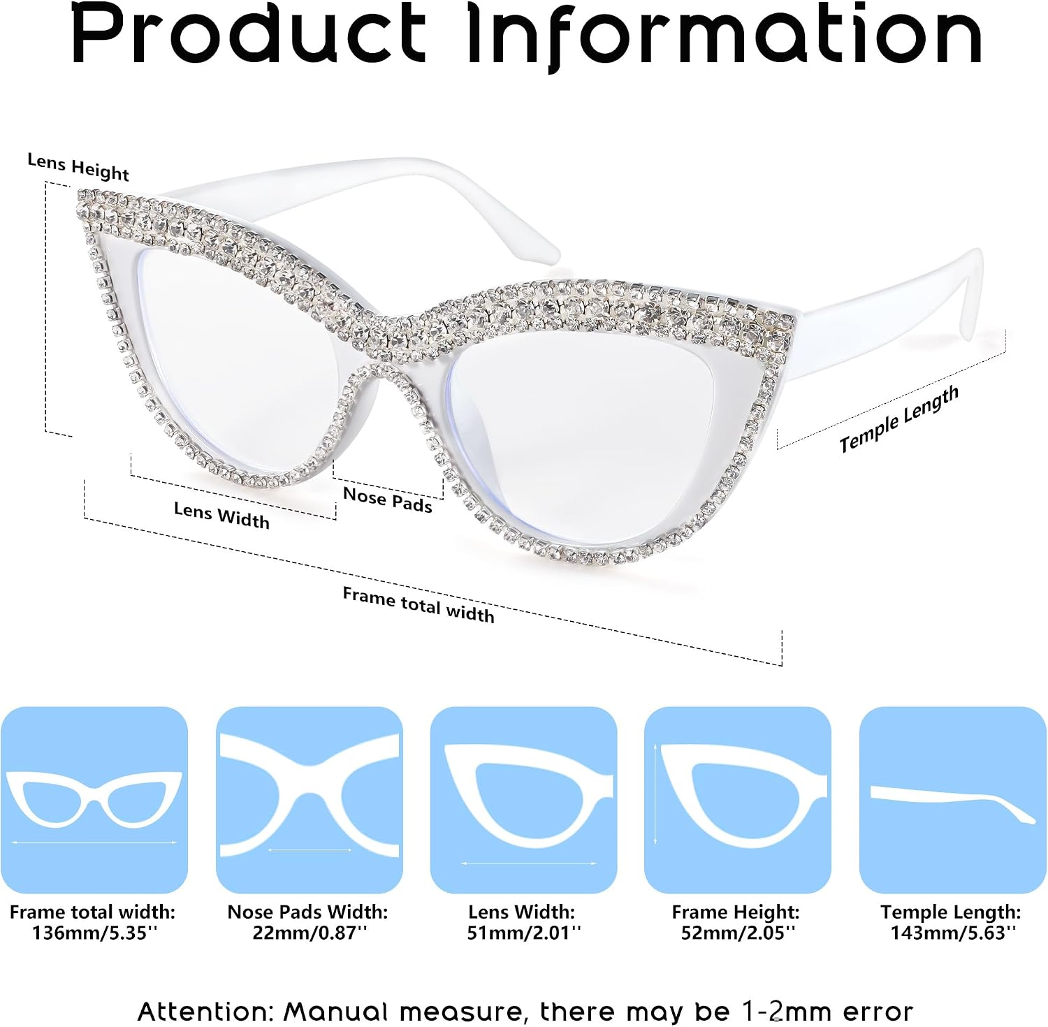 商品图片 43 | B0BLH5NHK8 | FEISEDY Diamond Blue Light Blocking Glasses Cat Eye Rhinestone Women Oversized Anti Eyestrain Computer Glasses Frame B2358