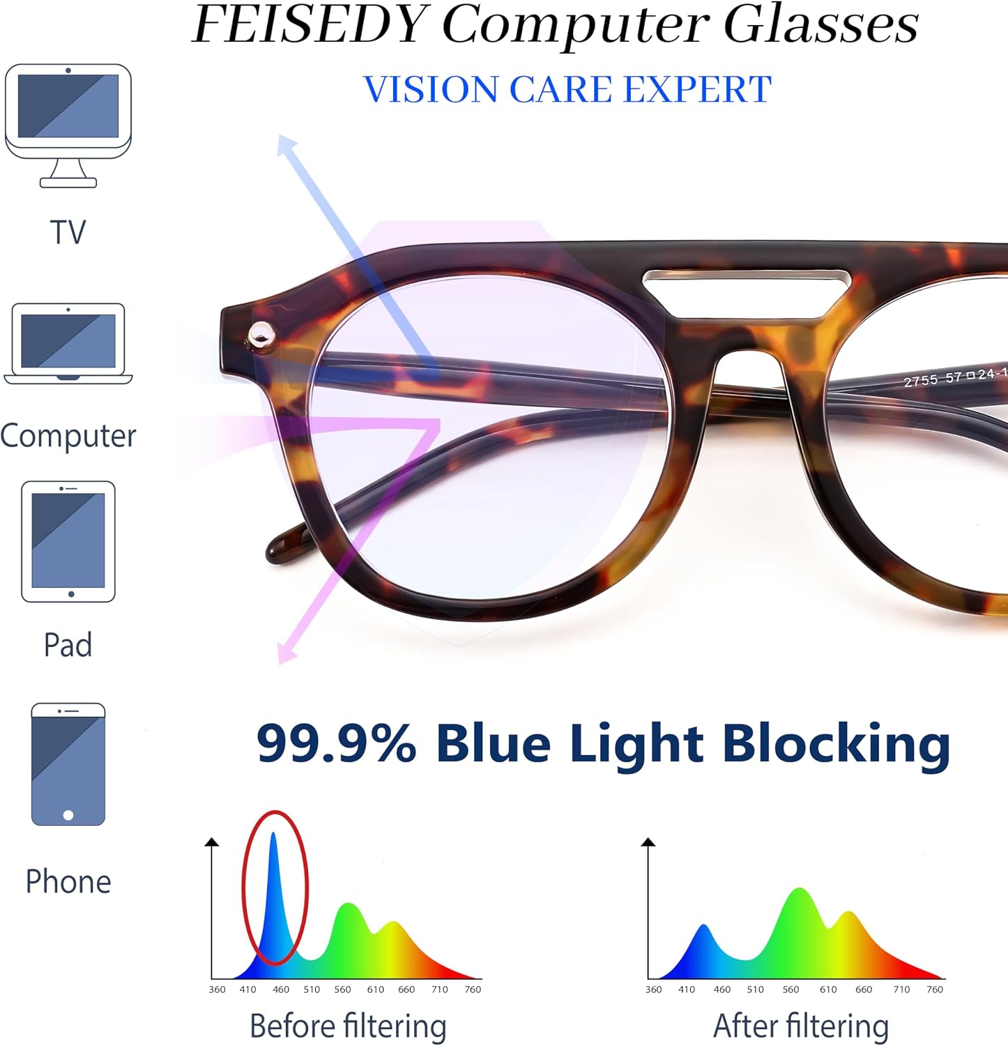 商品图片 5 | B0CJMDW1B6 | FEISEDY 70s Aviator Blue Light Blocking Glasses Square Pilot Frame Anti Glare Computer Glasses Women Men B0052
