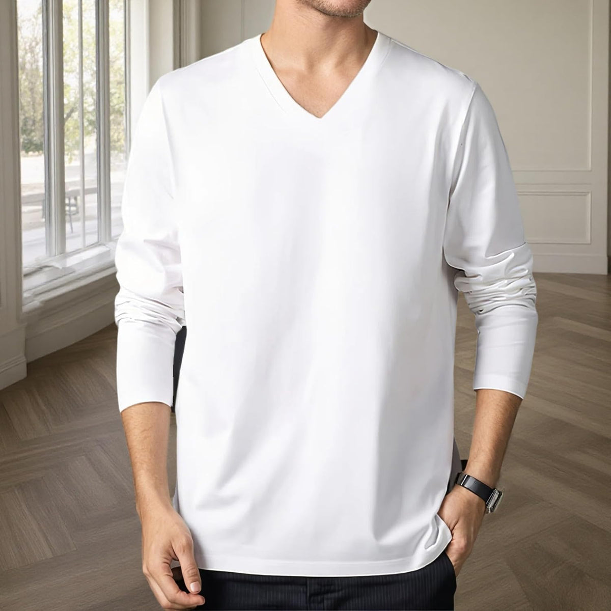 XX-Large / White | B0FYFX64D8 | Mens Long Sleeve Tee Shirts, Soft Cotton V-Neck T-Shirt for Men, Thin Casual Long Sleeve Shirts for Men, Black/White/Gray