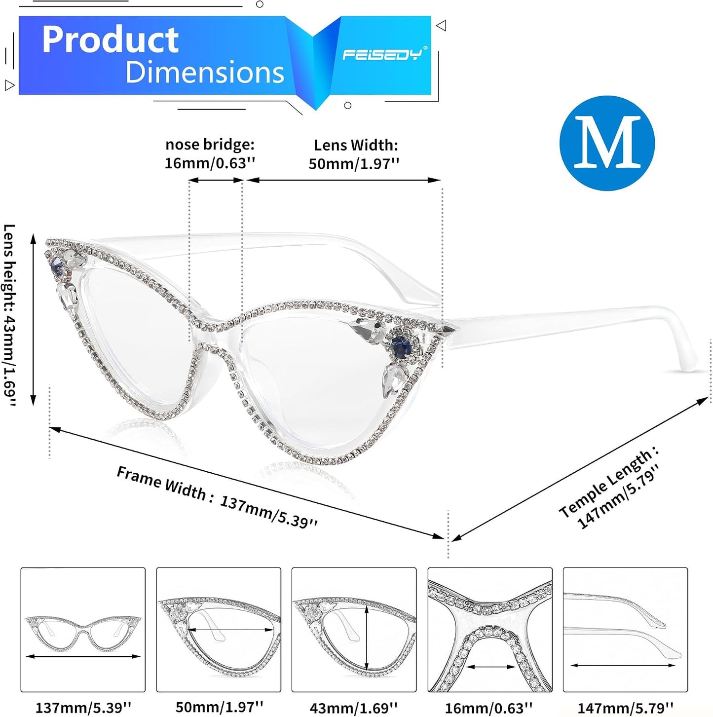 商品图片 14 | B0CQ55685Z | FEISEDY Diamond Blue Light Blocking Glasses Cat Eye Rhinestone Women Glasses Frame Anti Eyestrain Computer Eyewear B0070