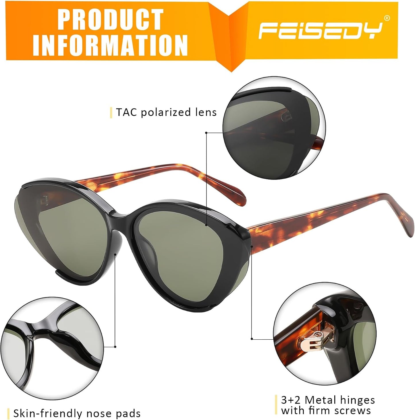 商品图片 12 | B0D6YJVTMS | FEISEDY Retro Polarized Cat Eye Sunglasses Women Trendy Mirrored Classic Designer Sunglasses UV Protection B0197