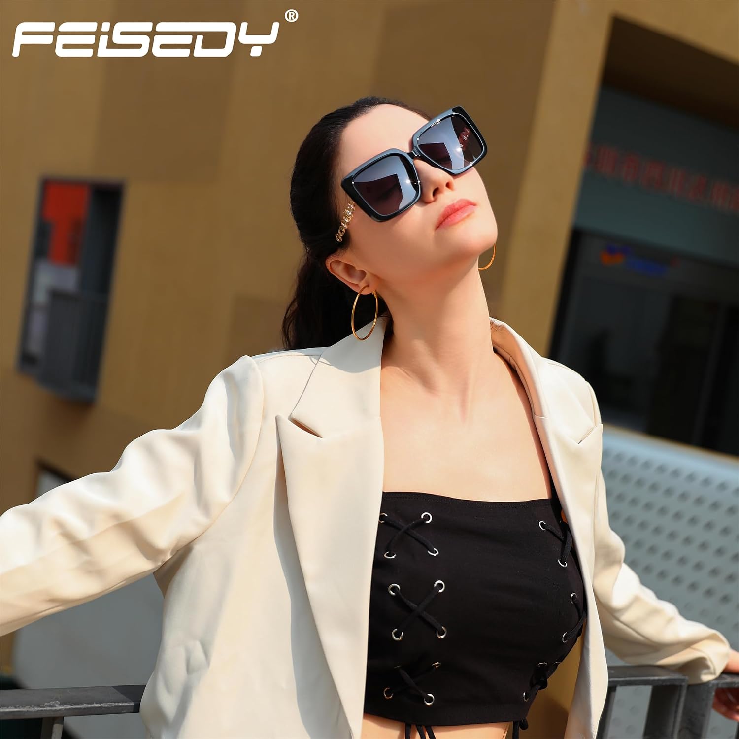 商品图片 10 | B08HVPGJW5 | FEISEDY Sunglasses Womens Trendy, Oversized Square Shades, Pearl Inlay Cat Eye Frame UV400 Protection B2625