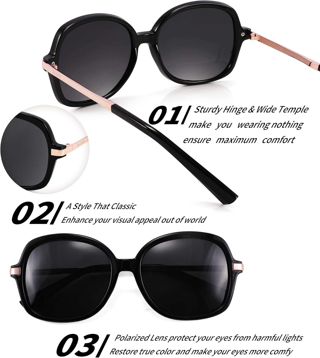 商品图片 2 | B08QDD5B67 | FEISEDY Classic Womens Elegant Polarized Sunglasses Ladies Wide Square Sunglasses Shades B2683