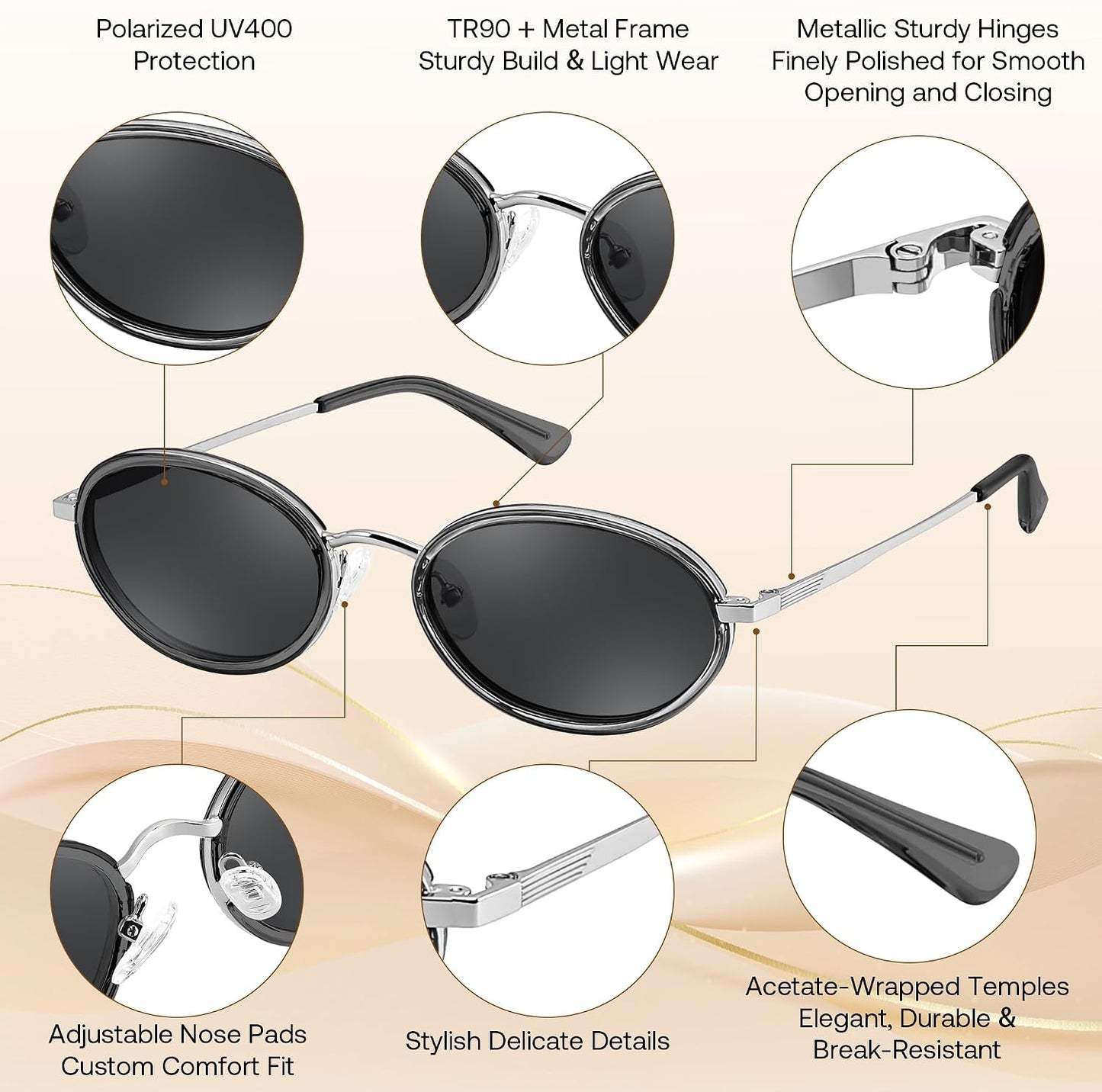 商品图片 4 | B0GX9GL5XF | FEISEDY Polarized Oval Metal Sunglasses for Women Men Classic Retro B0439