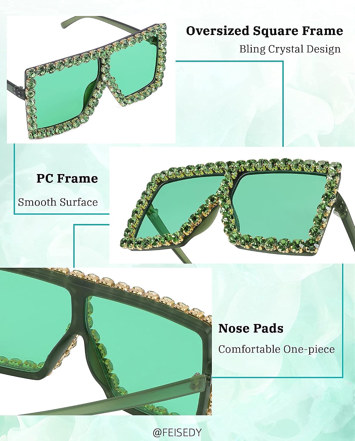 商品图片 20 | B096YZPRF2 | FEISEDY Oversized Sparkling Crystal Sunglasses Disco Diamond Flat Top Fashion Square Large Shades B2782