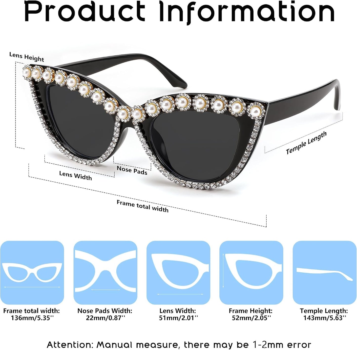 商品图片 36 | B0BZ7YMM4F | FEISEDY Oversized Women Cat Eye Rhinestone Sunglasses Costume Party B2360