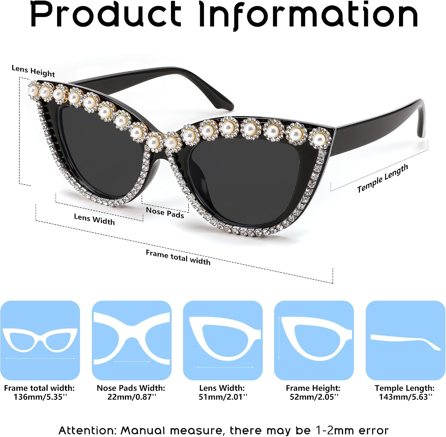 商品图片 36 | B0BZ7YMM4F | FEISEDY Oversized Women Cat Eye Rhinestone Sunglasses Costume Party B2360