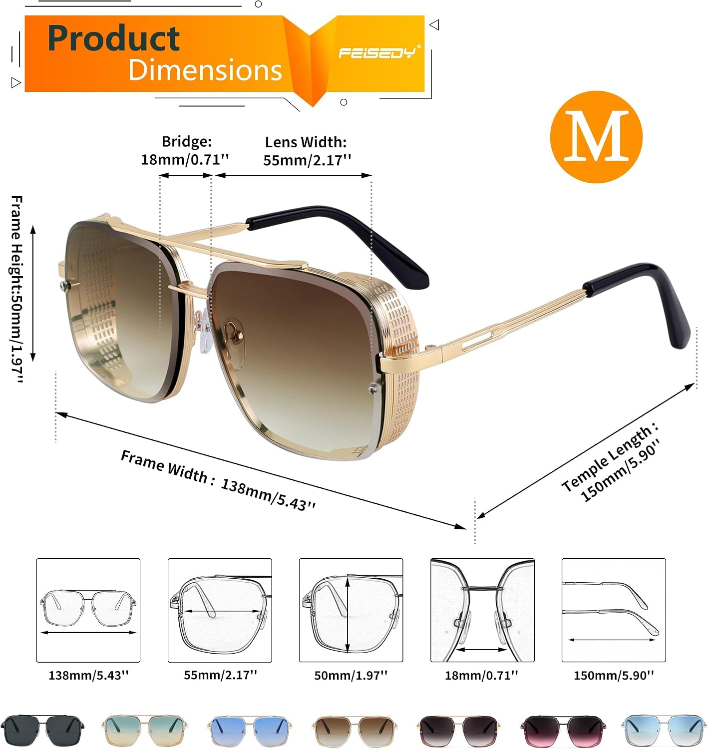 商品图片 7 | B09SDC5BD5 | FEISEDY Sunglasses Mens Women Vintage Pilot Square Trendy Metal Steampunk Fishing Driving Sun Glasses B2894