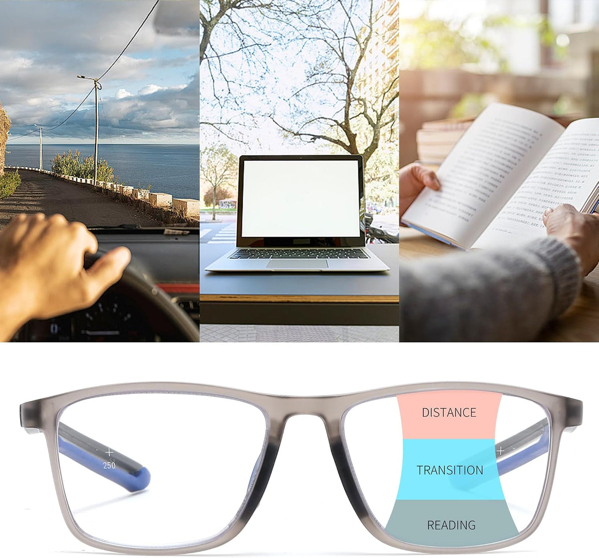 商品图片 22 | B0GLF6C715 | FEISEDY Progressive Multifocal Reading Glasses Blue Light Blocking B0397 | Sports Square Frame Near-Far Dual Use Blue Light Blocking Reading Glasses for Women Men