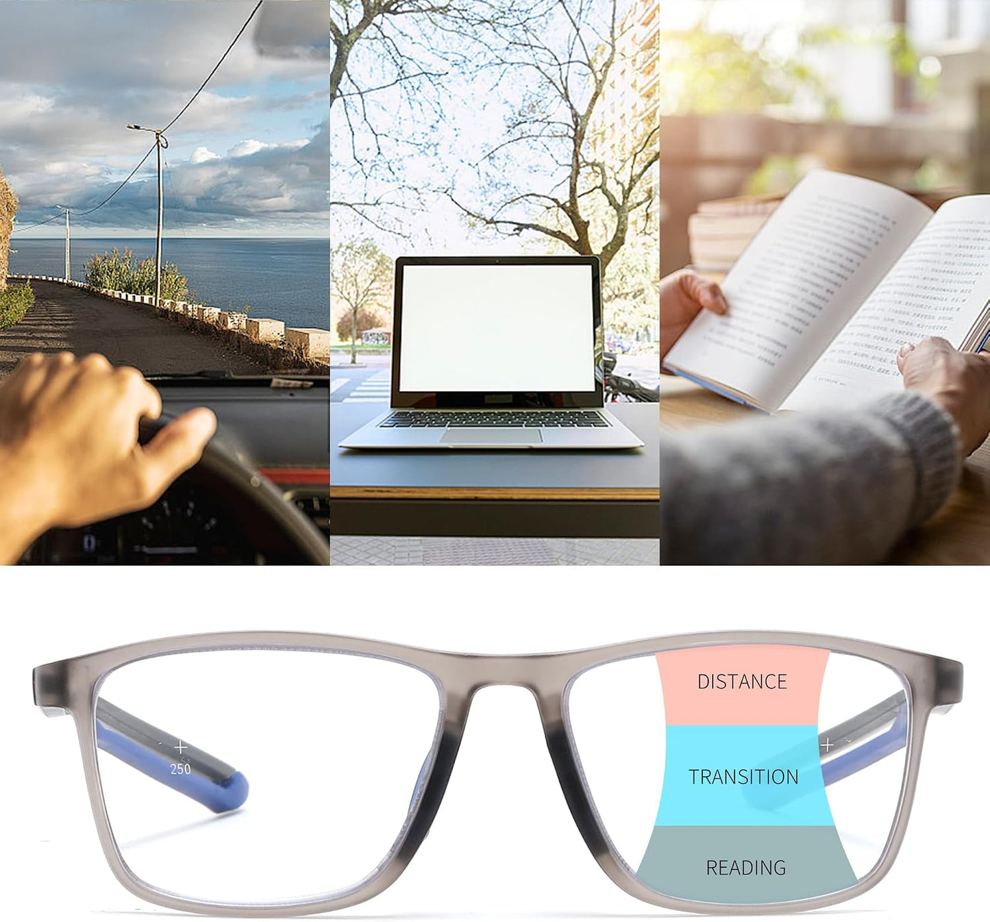 商品图片 22 | B0GLF6C715 | FEISEDY Progressive Multifocal Reading Glasses Blue Light Blocking B0397 | Sports Square Frame Near-Far Dual Use Blue Light Blocking Reading Glasses for Women Men
