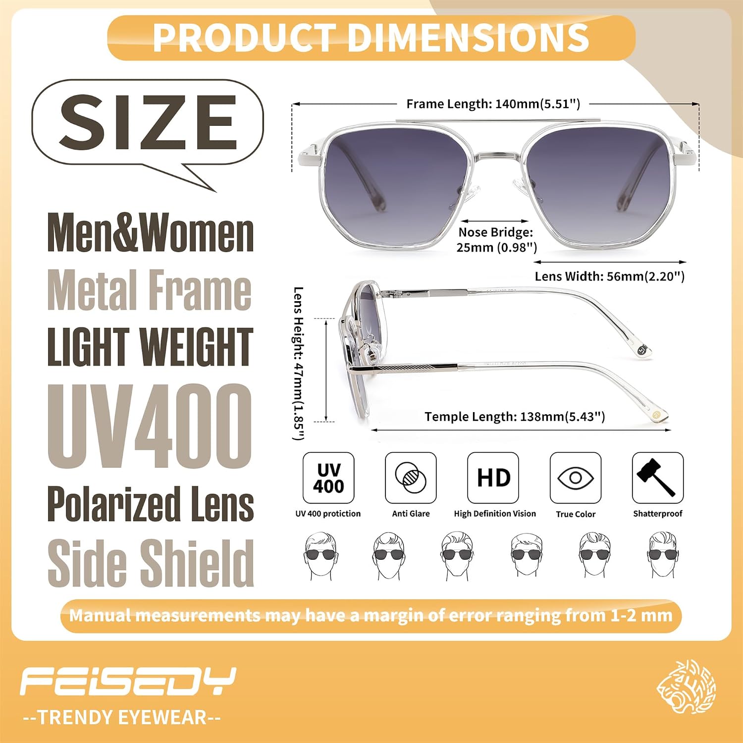 商品图片 24 | B0FQ4Y7FV6 | FEISEDY Polarized Aviator Sunglasses for Women Men Square TAC Lens B0329 | UV400 protection, Lightweight, Military-grade durability, Spring temples, Climate Pledge Friendly, Driving, Beach
