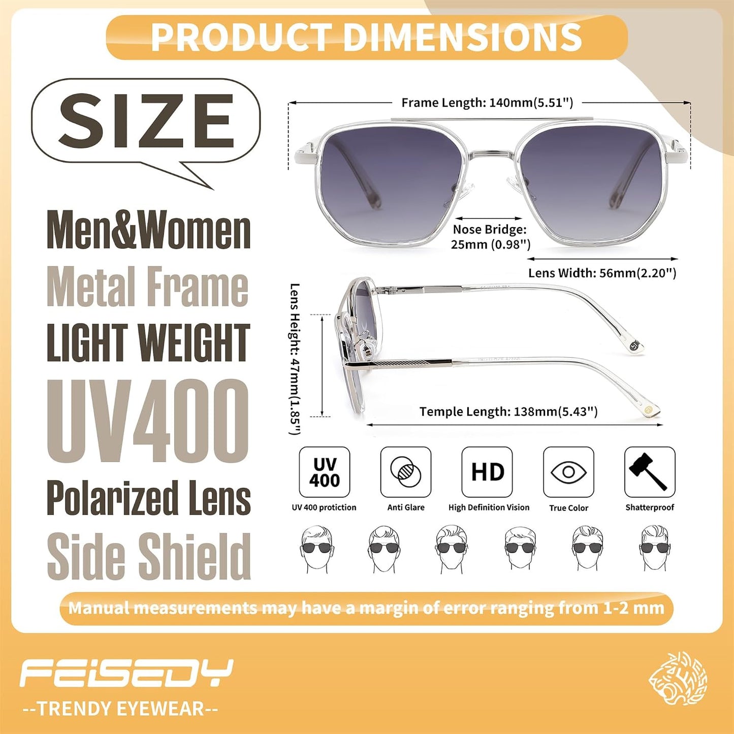 商品图片 24 | B0FQ4Y7FV6 | FEISEDY Polarized Aviator Sunglasses for Women Men Square TAC Lens B0329 | UV400 protection, Lightweight, Military-grade durability, Spring temples, Climate Pledge Friendly, Driving, Beach
