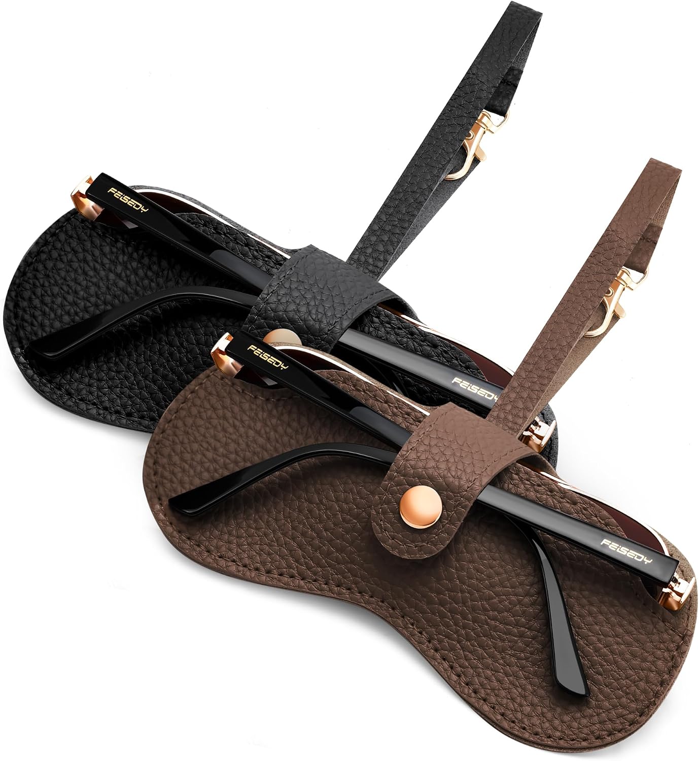 Black+Khaki | B0FMXVJLZR | FEISEDY Sunglass Case, 2Pcs Soft Leather Eyeglass Cases for Women | Slim Portable Glasses Holder, with Button-Closure Wrist Strap for Travel & Outdoor B0308