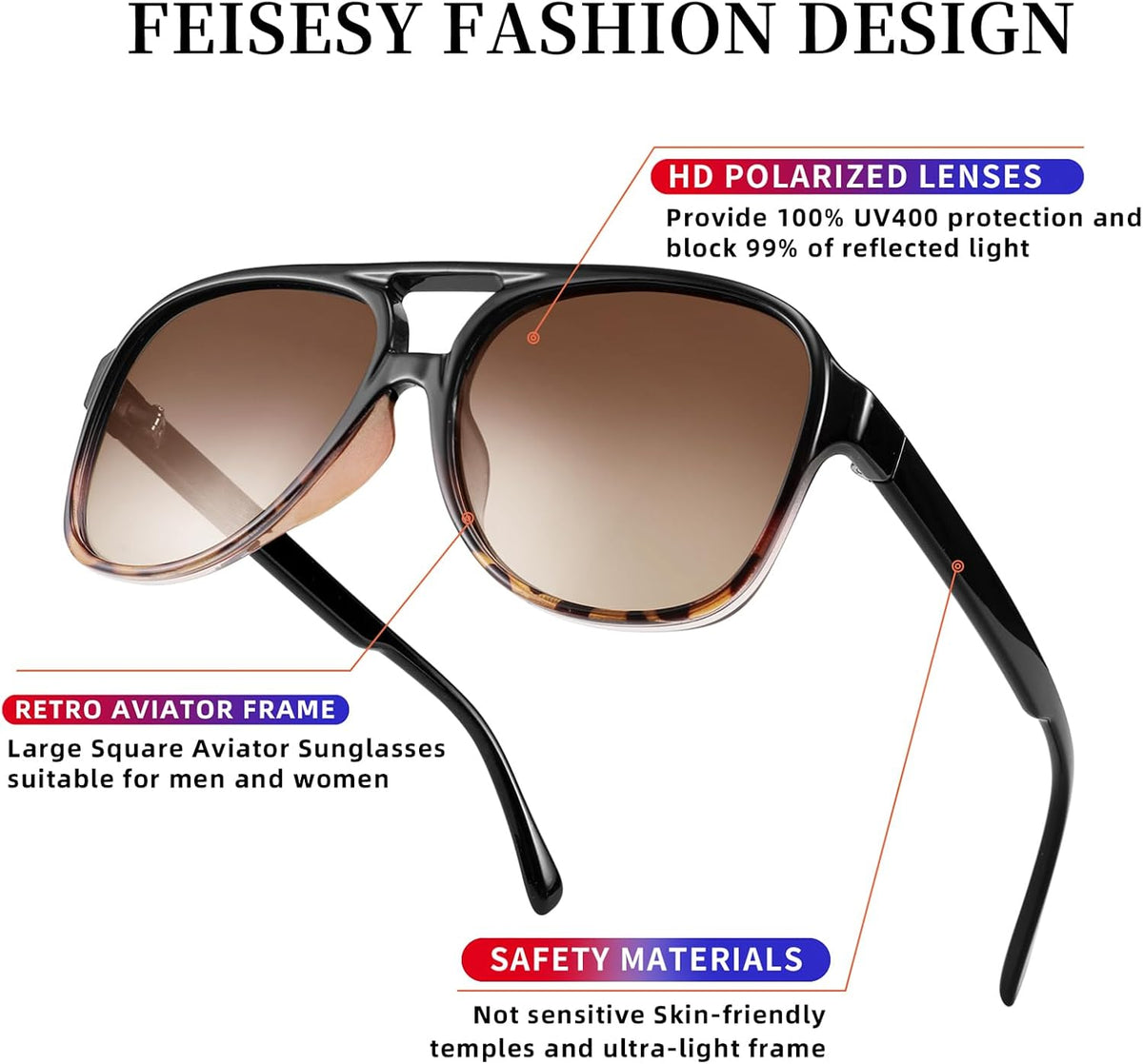 ÉÌƷͼƬ 154 | B0CB543WBD | FEISEDY Vintage Retro 70s Plastic Aviator Sunglasses Women Men Classic Large Squared Frame B2751