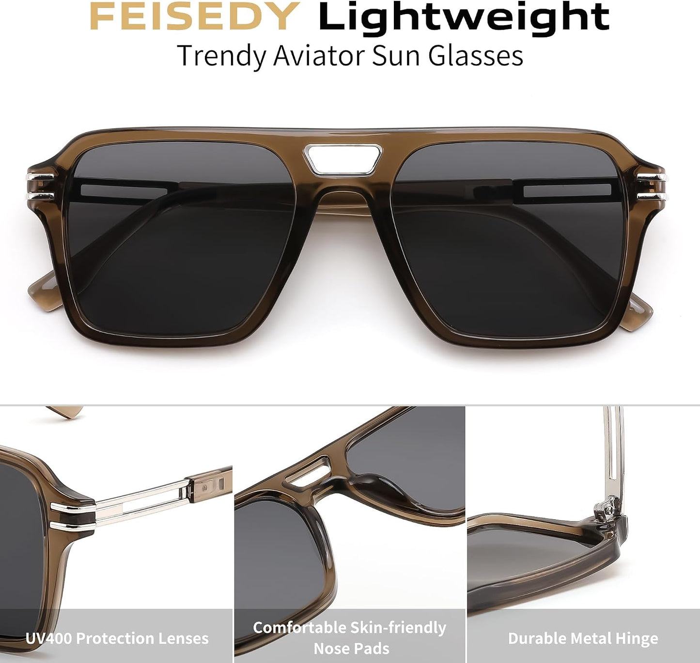 商品图片 11 | B0GVNPDBZQ | FEISEDY Retro Aviator Sunglasses Women Men 70s Trendy Square Shades B0422