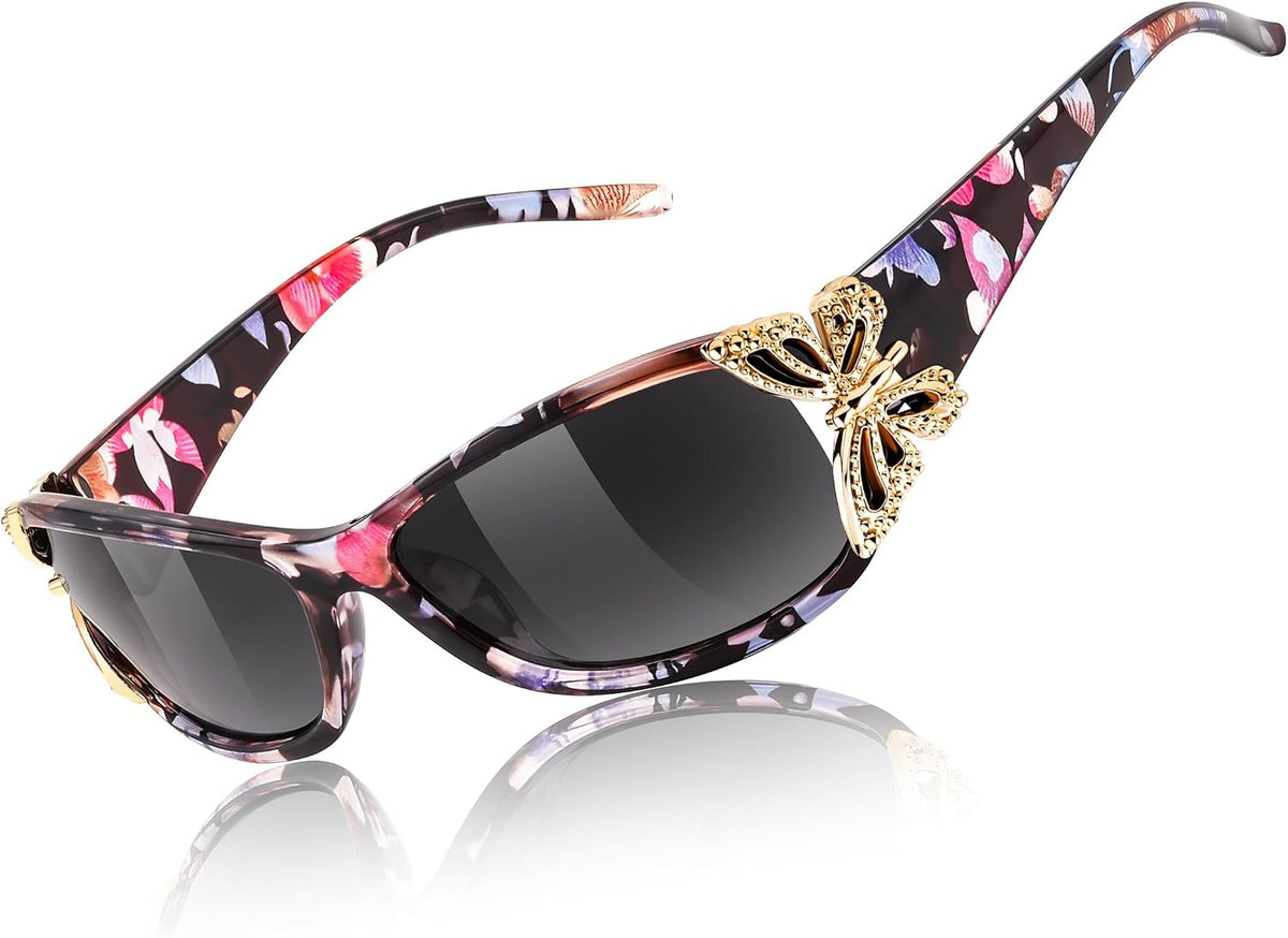 Floral Frame & Gradual Grey Lens / 60 Millimeters | B0DW3M7GQR | FEISEDY Y2K Women Polarized Sunglasses Butterfly Wrap Around UV400 Shades