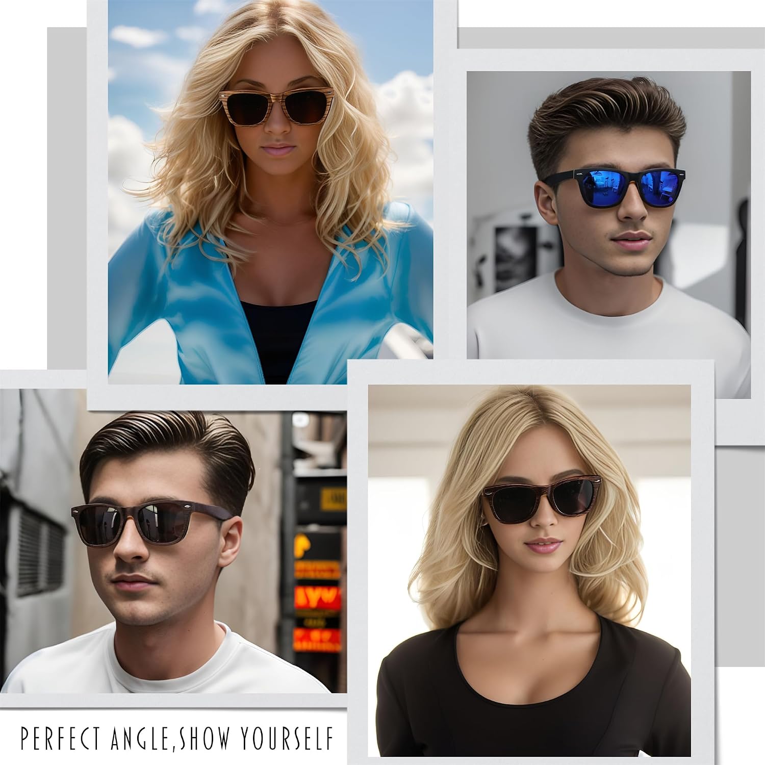 商品图片 2 | B0C9X27861 | FEISEDY Woodes Sunglasses Polarized for Women Men, Bamboo Wood Handmade Frame, Classic Square UV400 Protection B0006