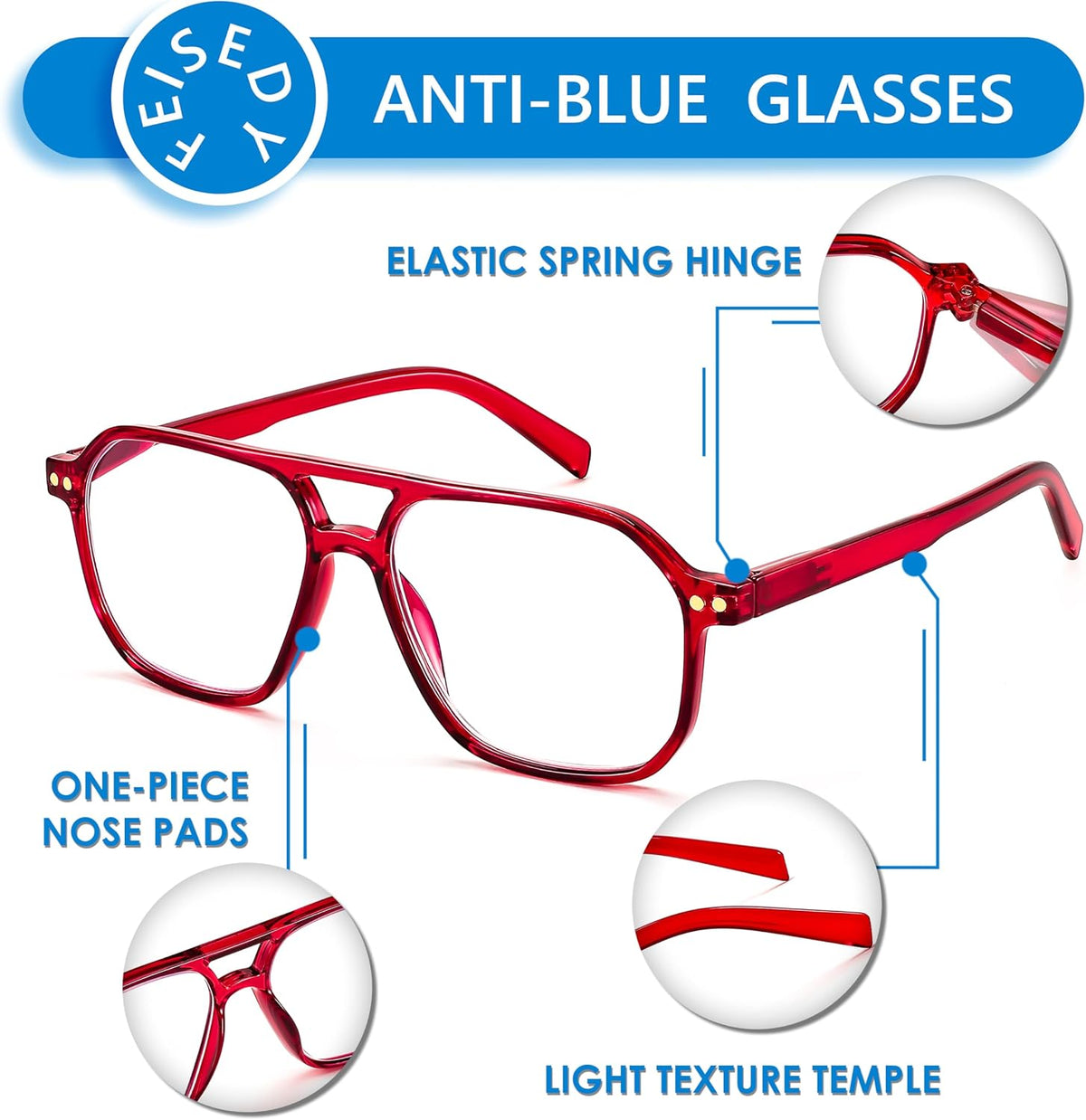 商品图片 29 | B0CNCZF5FL | FEISEDY Retro Aviator Reading Glasses Square Readers for Women Men B0068 | Spring Hinge, Blue Light Reading Glasses,Stylish reading glasses for men