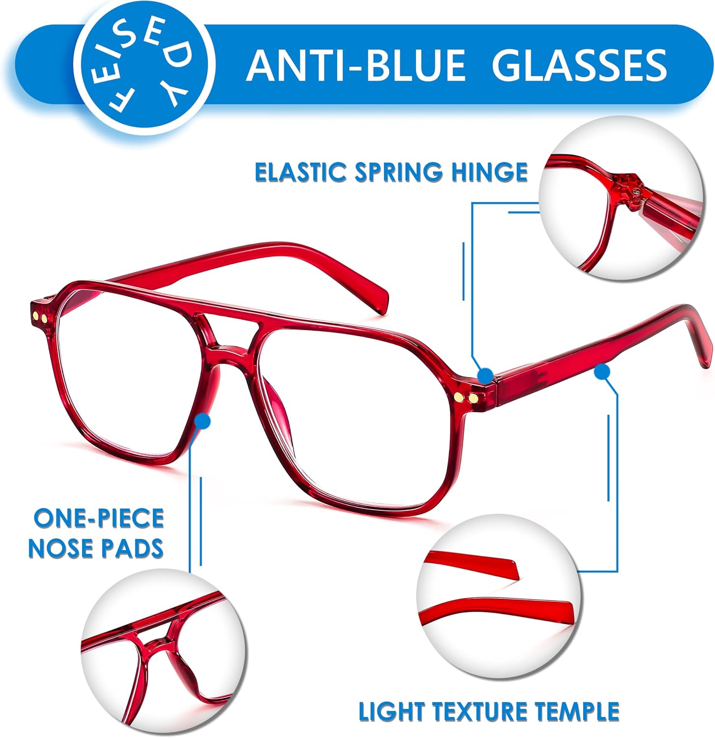 商品图片 29 | B0CNCZF5FL | FEISEDY Retro Aviator Reading Glasses Square Readers for Women Men B0068 | Spring Hinge, Blue Light Reading Glasses,Stylish reading glasses for men