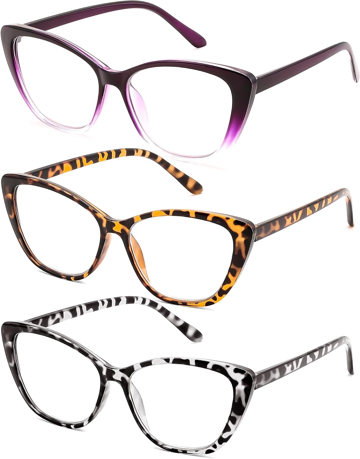 Purple+mixed Brown+mixed Black / 2.0 x | B0G8CNNMSH | FEISEDY 3 Pack Cat Eye Reading Glasses Blue Light Blocking Women/Men B0374
