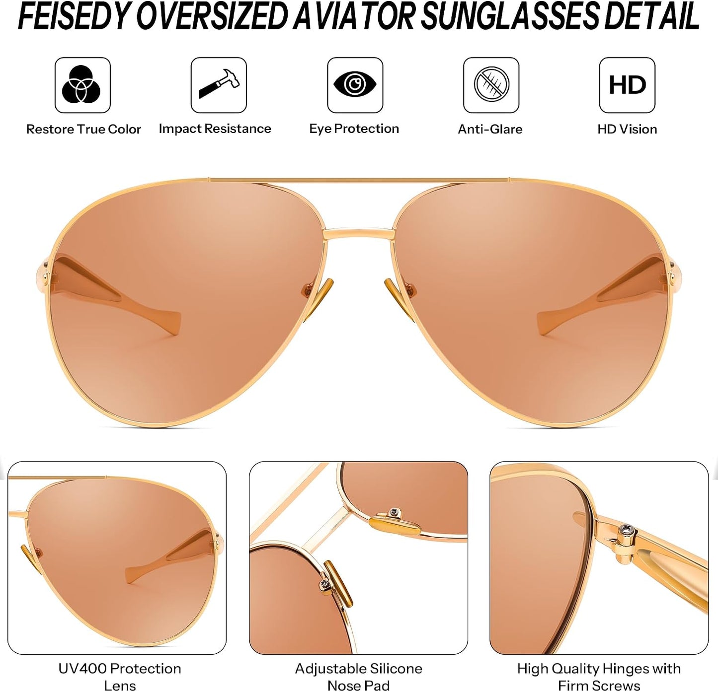 商品图片 20 | B0FKML2SSC | FEISEDY Oversized Aviator Sunglasses Women Men - Retro Gold Metal Chunky Frame, UV400 for Driving & Daily Wear B0311