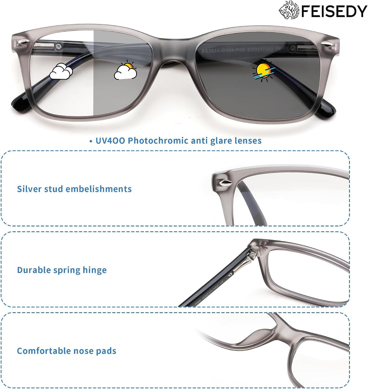ÉÌƷͼƬ 30 | B0GKNCMTFX | FEISEDY Blue Light Blocking Photochromic Glasses UV400 Protection B1264