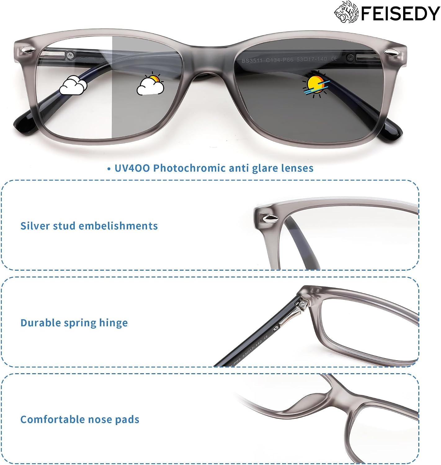 商品图片 30 | B0GKNCMTFX | FEISEDY Blue Light Blocking Photochromic Glasses UV400 Protection B1264